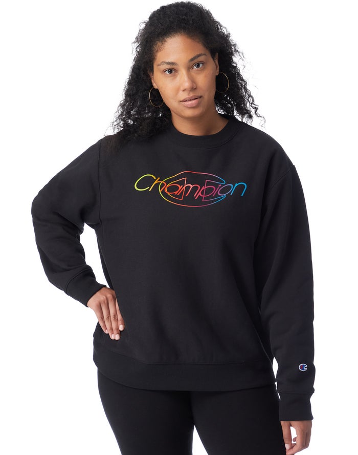 Sudadera Champion Mujer - Plus Reverse Weave Crew Rainbow Logo ( Negras ) 0268571-WT